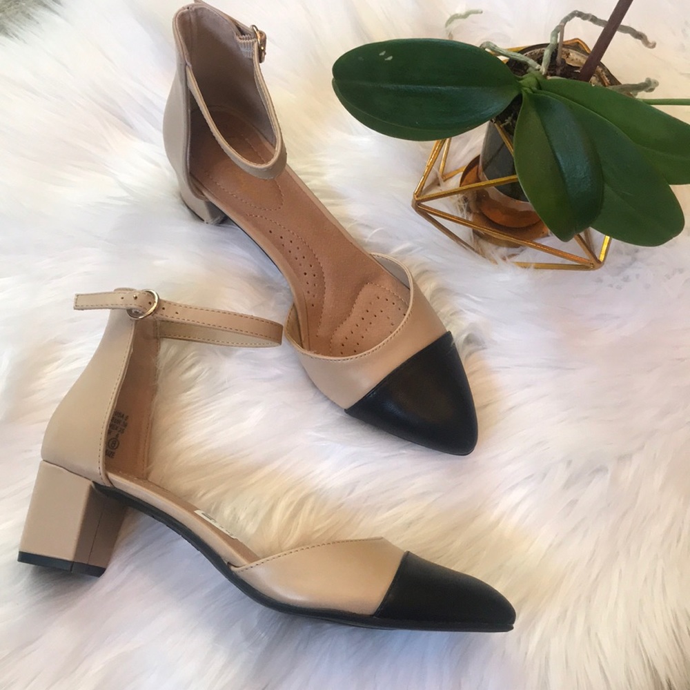 New ankle strap nude and black heels